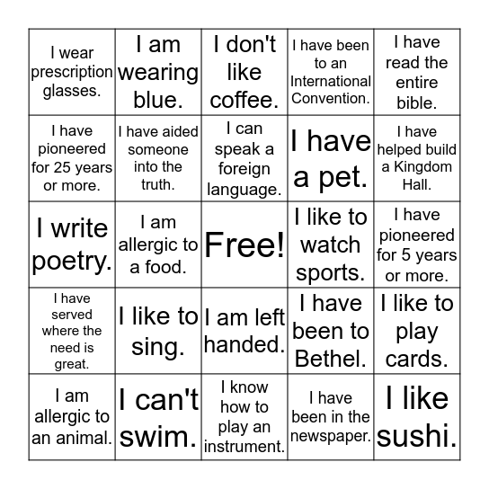 Life Experiences BINGO Card