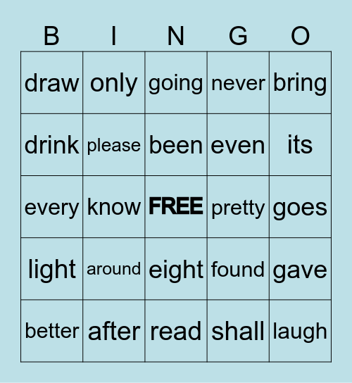 Sight Word Bingo Card