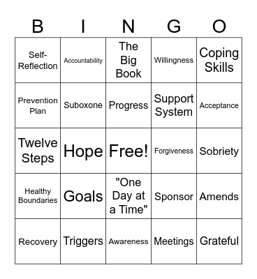 Recovery Bingo Card