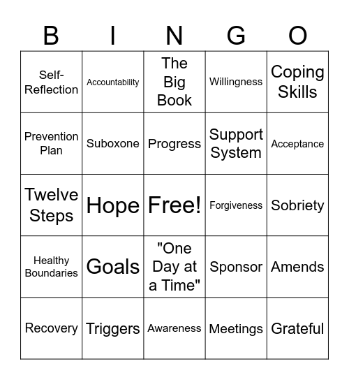 Recovery Bingo Card