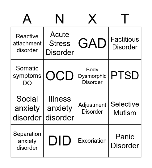 Anxiety Bingo Card