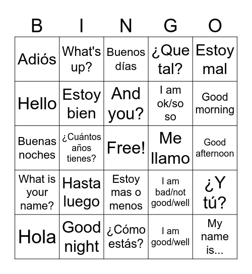 Greetings Bingo Card