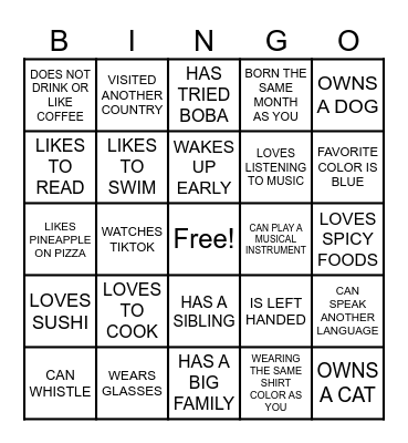 GET TO KNOW YOU HUMAN BINGO Card