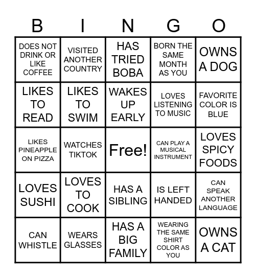 GET TO KNOW YOU HUMAN BINGO Card