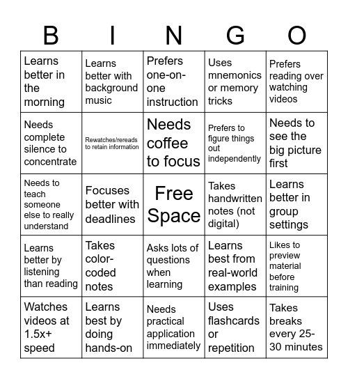 Learning Style Bingo Card