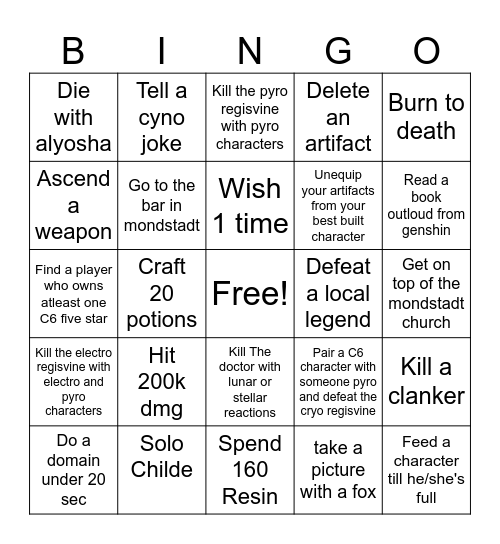 Genshin bingo Bobi and Angel Bingo Card