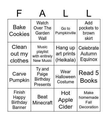 Fall Bingo (September - December) Bingo Card