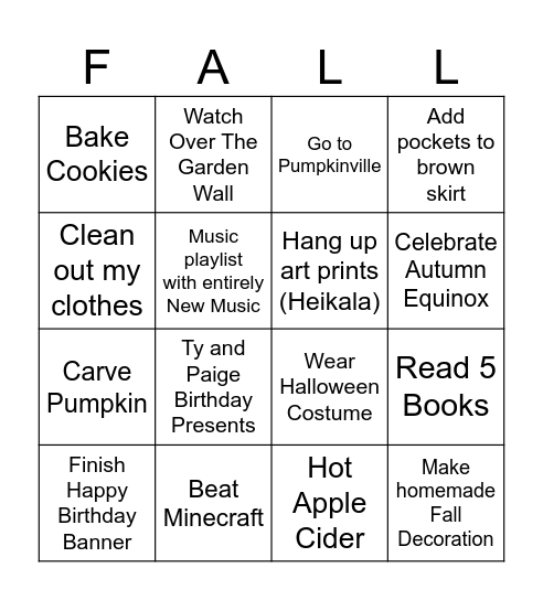 Fall Bingo (September - December) Bingo Card