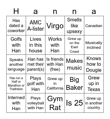 Hannah Bingo <3 Bingo Card