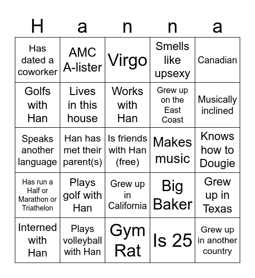 Hannah Bingo <3 Bingo Card