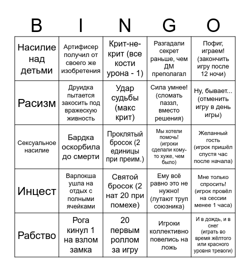 Бинго-ДиЭнДинго Bingo Card