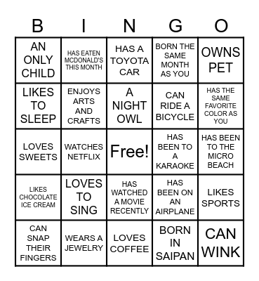 GET TO KNOW YOU HUMAN BINGO Card