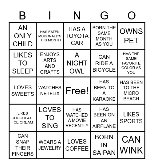 GET TO KNOW YOU HUMAN BINGO Card