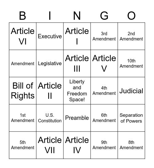 Constitution Day Bingo Card