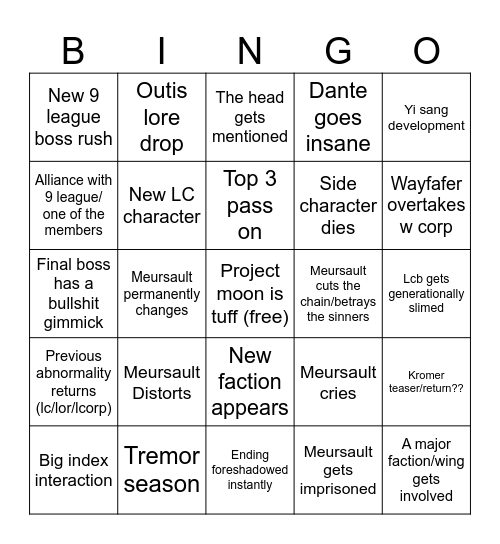Canto 10/Season 8 Bingo board Bingo Card