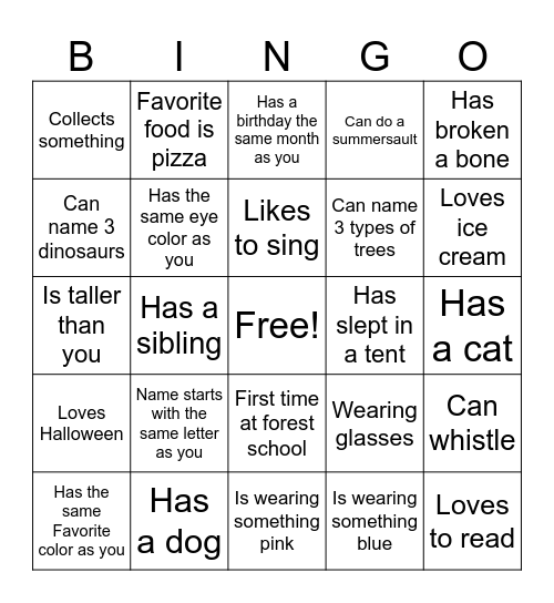 Getting to Know You Kids Bingo Card
