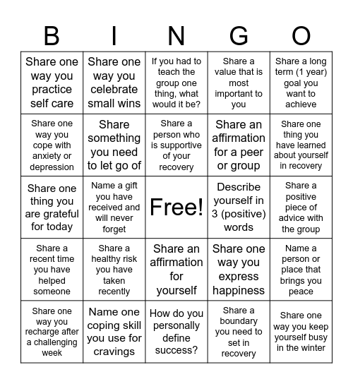 Recovery BINGO Card