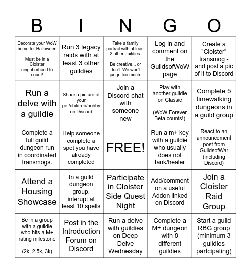 Cloister Bingo Card
