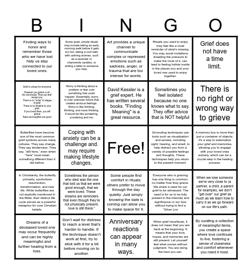 What I Know About Grief Bingo Card