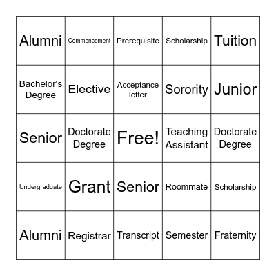 College Week Bingo Card