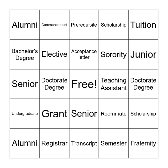 College Week Bingo Card