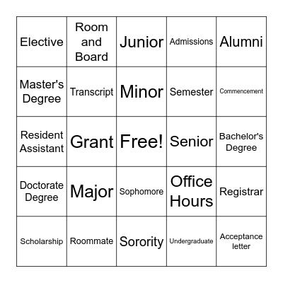 College Week Bingo Card