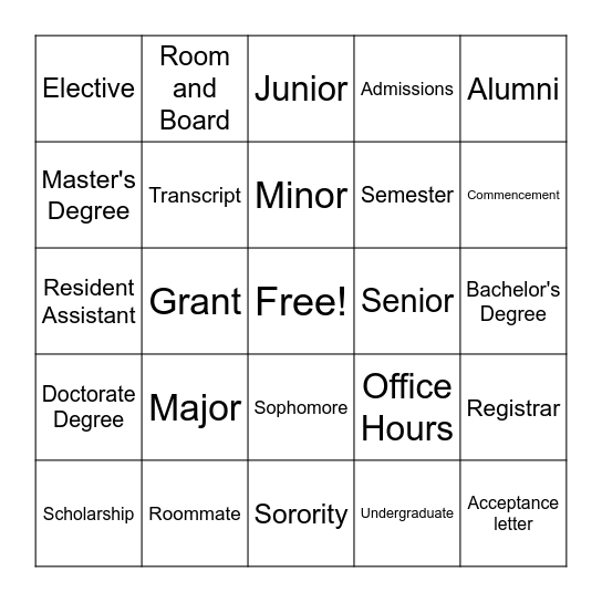 College Week Bingo Card