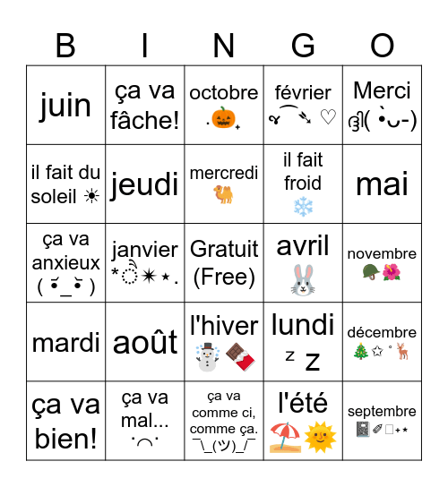 French September Vocab Bingo Card