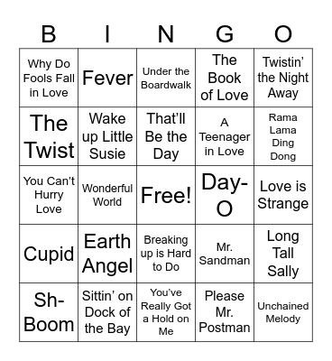 50s and 60s Music Bingo Card