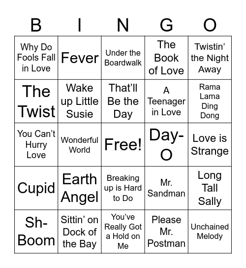 50s and 60s Music Bingo Card