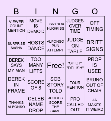 DANCING WITH THE STARS PREMIERE Bingo Card