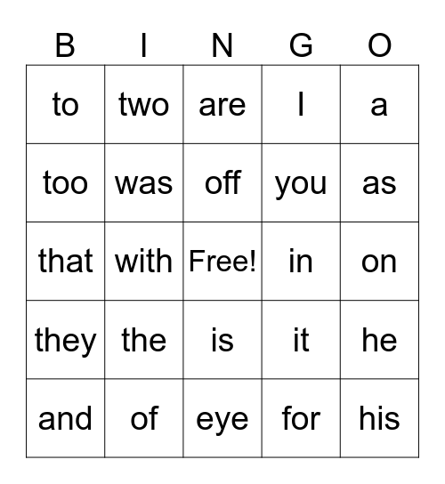 Fry's First 20 High Frequency Words Bingo Card