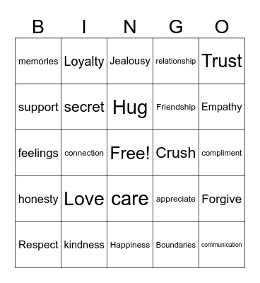 Friendship & Love Bingo Card