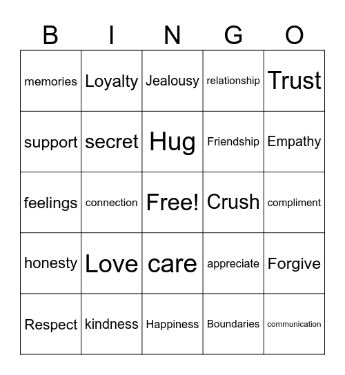 Friendship & Love Bingo Card