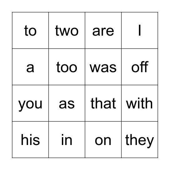 Fry's First 20 High Frequency Words Bingo Card
