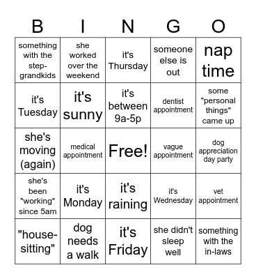 BETH OOO BINGO - what's her excuse today? Bingo Card