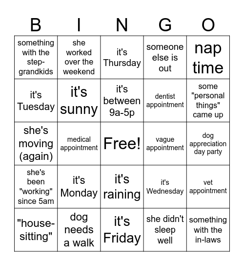 BETH OOO BINGO - what's her excuse today? Bingo Card