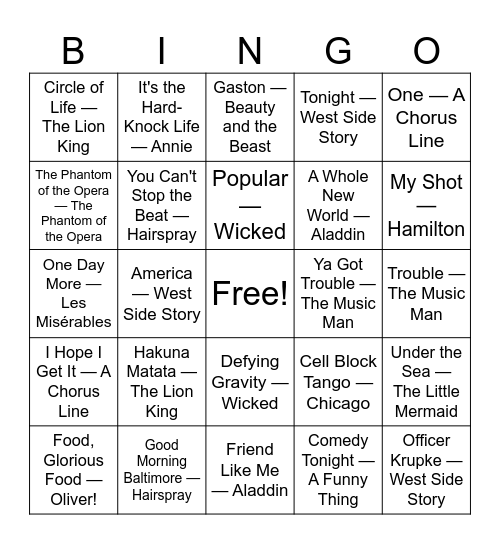 Broadway Bingo Card