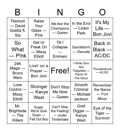 Gym Playlist Bingo Card