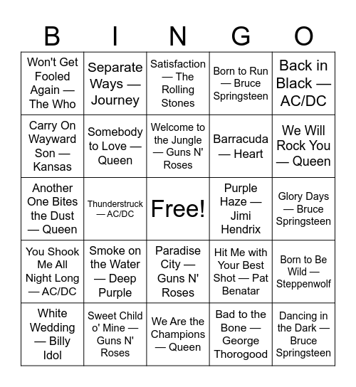 Rock Anthems Bingo Card