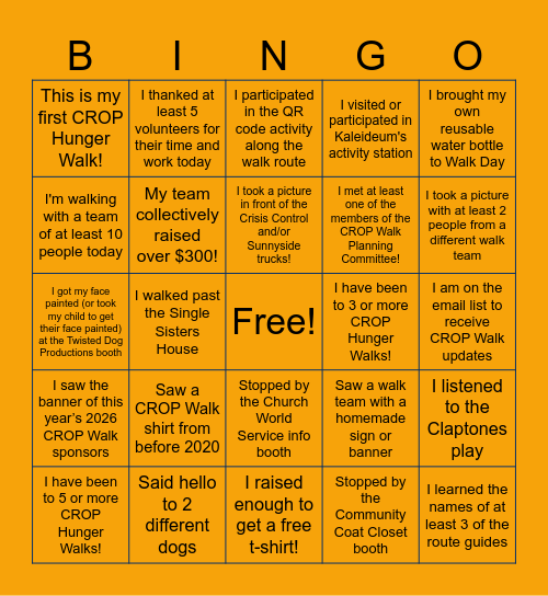 2026 WSFC CROP Walk Bingo! Bingo Card