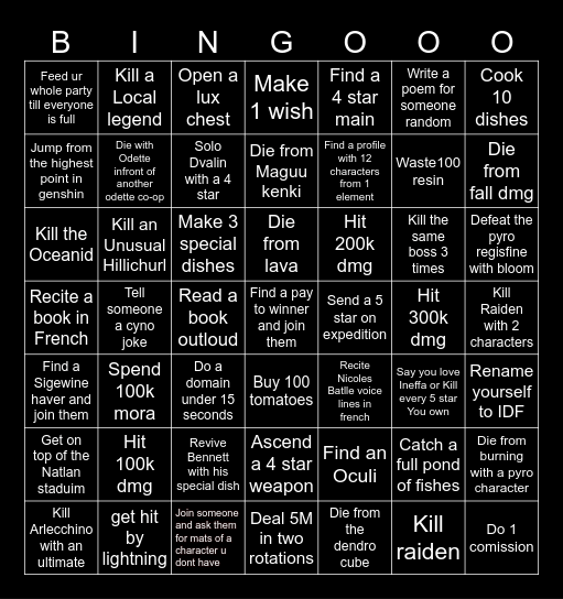 Genshin Bingo Card