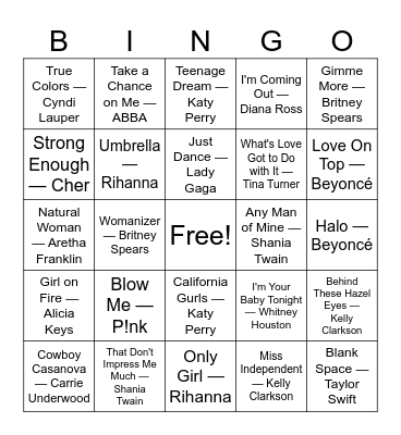 Pop Divas Bingo Card
