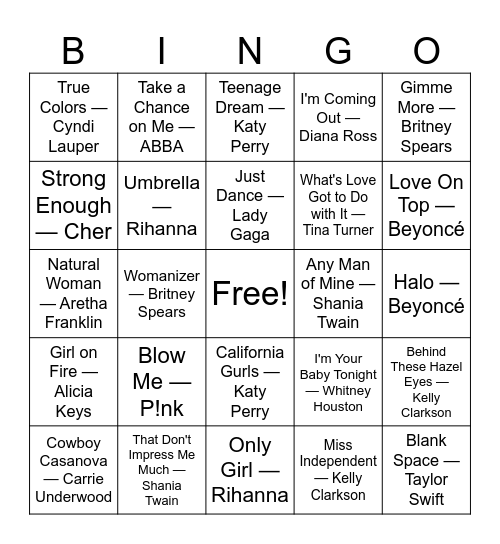 Pop Divas Bingo Card