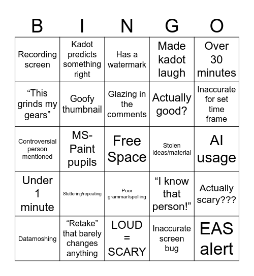 Videopasta Reaction Bingo Card