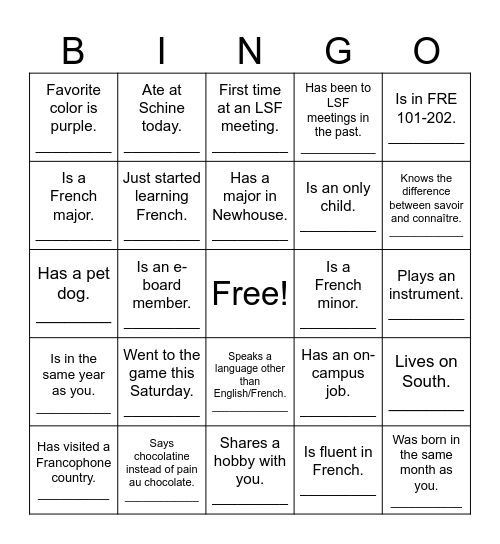 La Société Francophone Bingo Card