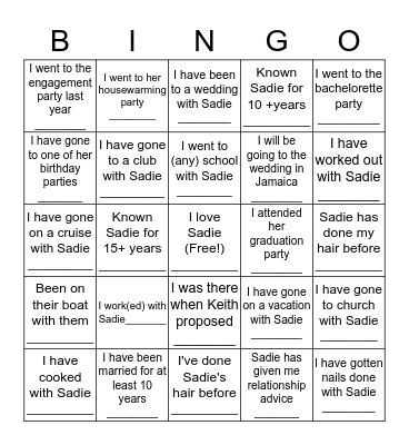 Sadie's Bridal Shower BINGO Card