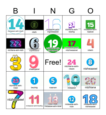 Numbers in Ojibwe Bingo Card