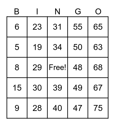 Bingo Charme Bingo Card