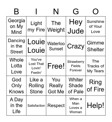 1960's Music Hits Bingo Card